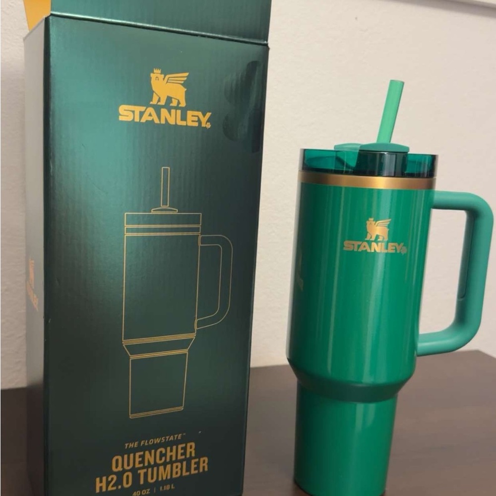 Stanley Green Travel Tumbler with Straw and Gold Logo